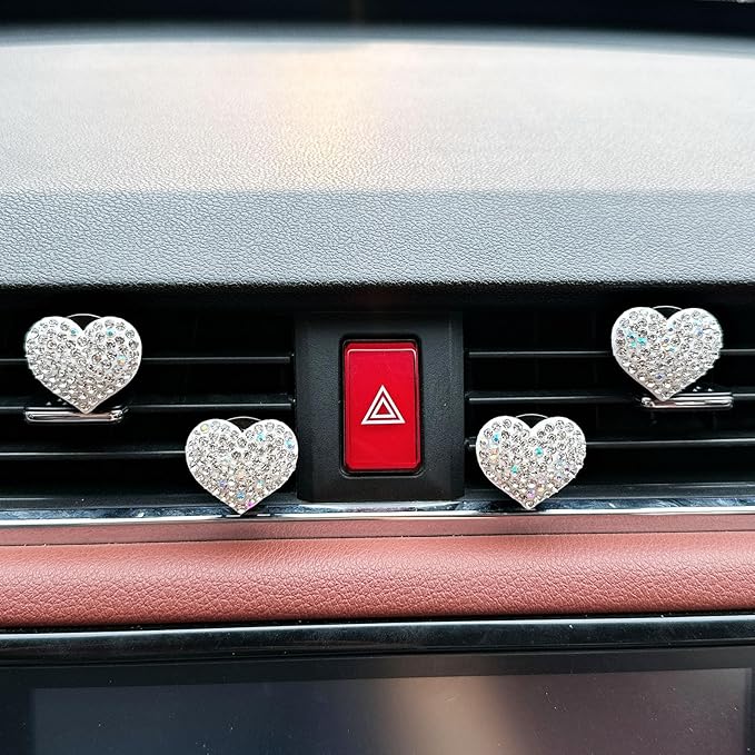 4-Pack Crystal Heart Car Vent Clips – Sparkling Rhinestone Air Fresheners for Cars, Bling Diamond Auto Fragrance Holder for SUV & Sedan(Write, Ocean)