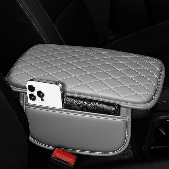 Center Console Cover for Cars Fit for Jeep Wrangler Leather Armrest Covers with 2 Storage Bags(Grey)