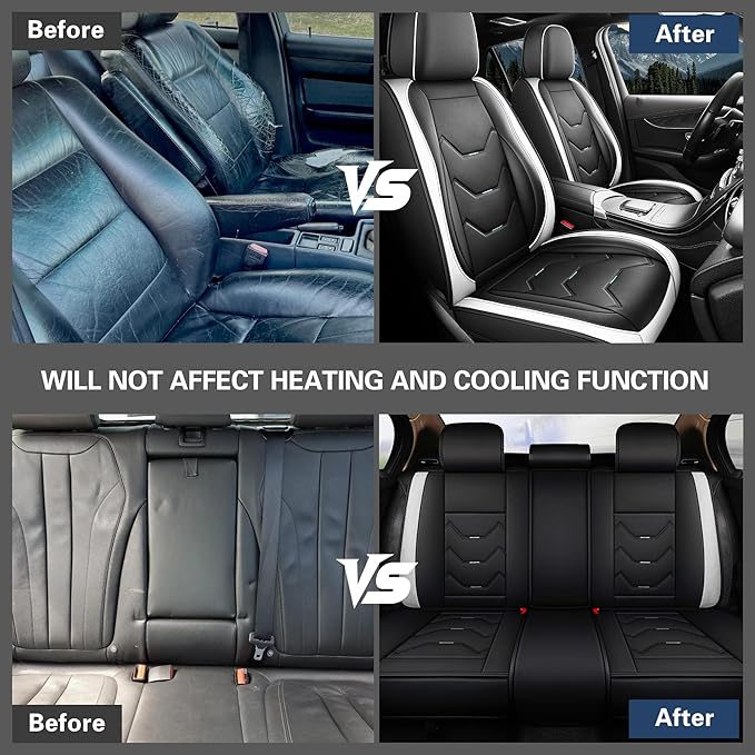 otoez Car Seat Covers Full Set, Universal Leather Seat Cover for Car, Waterproof 5 Seat Automotive Front and Back Seat Protector Full Coverage for Most Sedens Trucks SUVs, White & Black