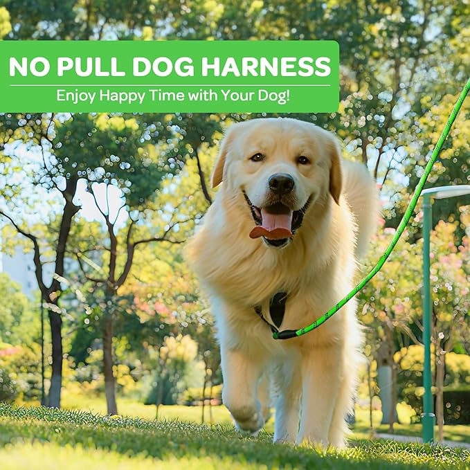 FURRYFECTION Plaid Dog Harness for Large Dogs, Reflective No Pull Adjustable Pet Vest with Front Clip, Leash, Easy Control Handle and Seat Belt, Green, XL
