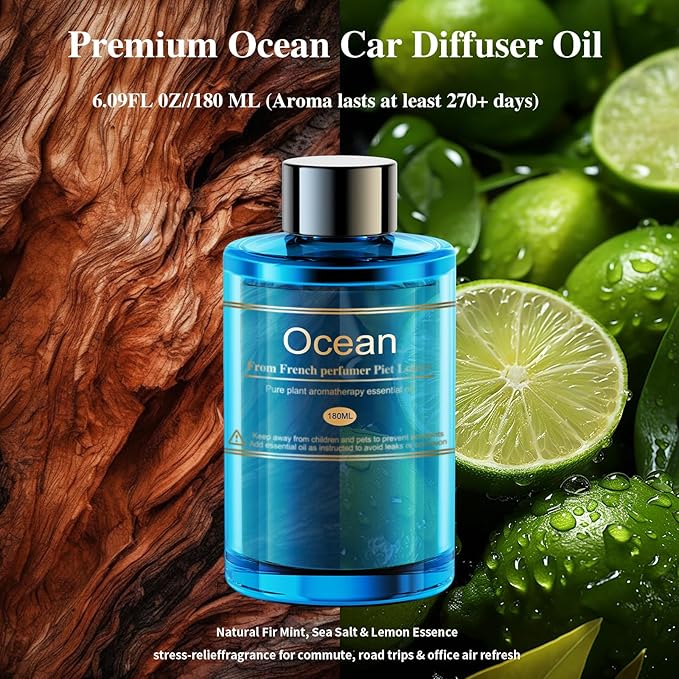 Car Air Freshener Refill for Men & Women 6.09 FL OZ /180ML-9 Month Ocean Scent Essential Oil Perfume, Essential Oil Made of Natural Plant Extracts, Compatible with Car Diffusers for Home/Office