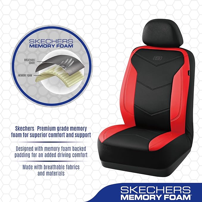Skechers Memory Foam Seat Covers,Leather Car Seat Covers, Ultimate Comfort & Support Front Seat Covers Airbag Compatible, Automotive Universal Fit Most for SUVs, Vans, Sedans, Cars, Trucks,Red