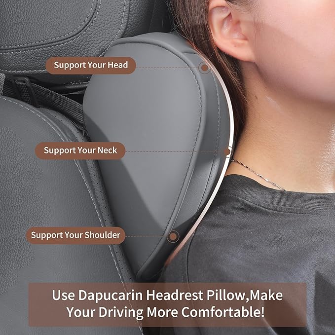 Car Headrest Pillow 100% Memory Foam, Breathable Removable Leather Cover, Premium Seat Support Head Neck Cushion for Driving Travel Home Office, Gray, 1 Pack