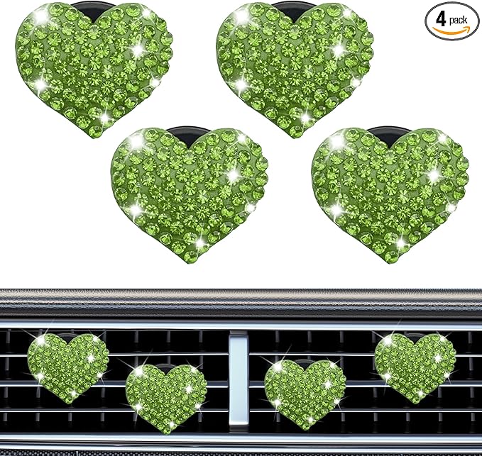 4PCS Heart-Shaped Car Vent Clip with Rhinestone, Vent Clip Car Accessories, Sparkly Rhinestone Bling Diamond Freshener Holder, Air Conditioning Outlet Ornament for Women Girls (Green, Style1)