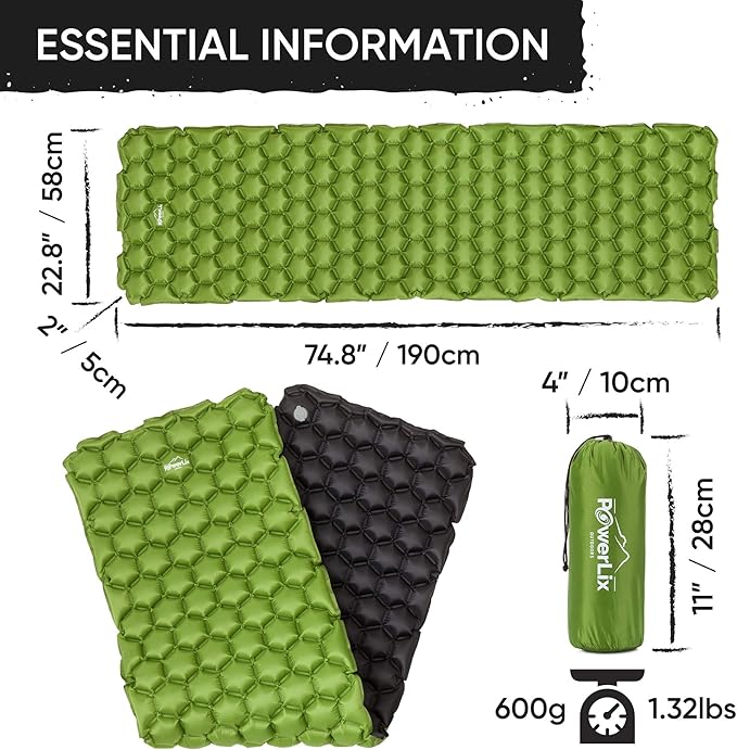 POWERLIX Ultralight Inflatable Camping Sleeping Pad - Camping Mattress Sleeping Mat for Backpacking, Hiking, Compact Lightweight Sleeping Pad for Camping, Inflation Bag/Repair Kit Included