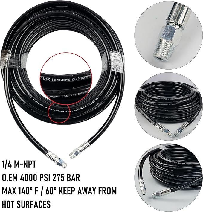 Hourleey Sewer Jetter Kit for Pressure Washer 200FT, Drain Cleaner Hose 1/4 Inch NPT, Orifice 4.0 Button Nose and Rotating Sewer Jetting Nozzle Spanner Tape Pearl Corsage Pin, 4000 PSI