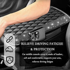 Car Center Console Cover with Diamond Grid Design,Bling Armrest Cover Cushion with 2 Storage Bags,Soft Leather Arm Rest Cover for Car Interior Accessories (Black + White)