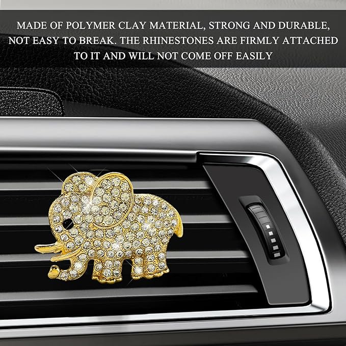 2 PCS Bling Car Air Vent Clip, Crystal Heart Car Air Fresheners Diffuser Vent Clip, Rhinestone Air Conditioning Outlet Clip For Women Girls, Interior Decor Car Accessories (Elephant, Golden)