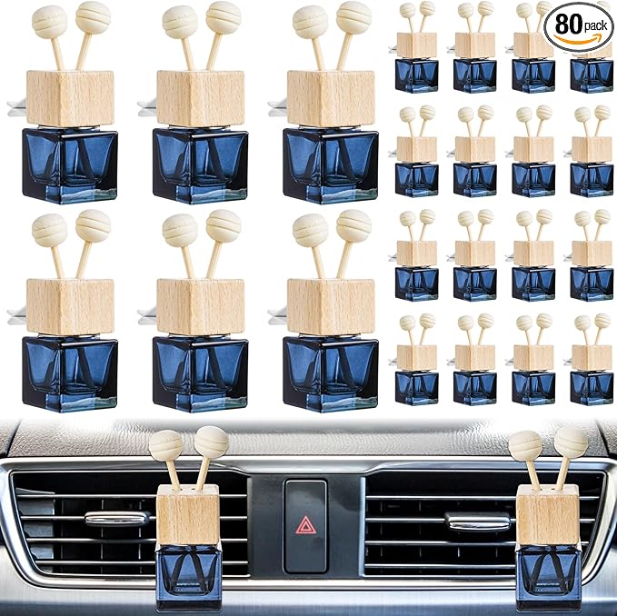 Zubebe 80 Pcs Car Diffuser Bottles Empty Bulk Vent Clip Car Air Freshener Diffuser for Essential Oil Perfume Glass Bottle with Wooden Caps Stick Fragrance Ornament (Gradient Black)
