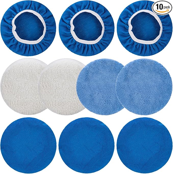 THINKWORK 10 Pcs Car Polishing Pad - 10 Inch Buffing Pad, Microfiber Wax Applicator Pad, Wool, Coral Fleece