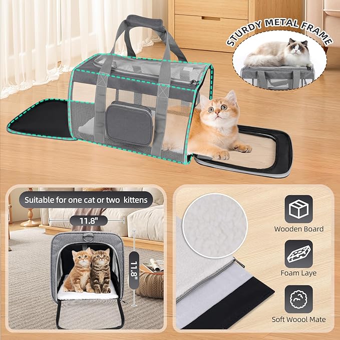 Cat Carrier for Large Cats up to 20 Lbs,Soft-Sided Pet Carrier for Large and Medium Cats, Small Dogs,Puppies,Collapsible Dog Carrier Travel Bag with 2 Storage Bags,4 Mesh Windows (Grey, Medium)
