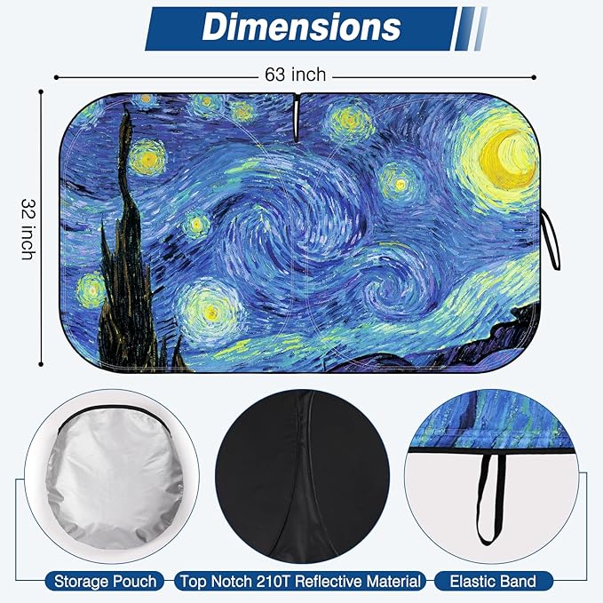 Car Windshield Sun Shade, Reflective Sunshade Blocks UV Rays, Keep Car Interior Cool, Front Foldable Windshield for Hatchback, Truck, SUV, MPV (63x32 inches)
