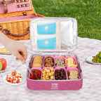 Snack Box Container with Insulated Cooler Bag, Divided Serving Tray with Lid and Handle Beach Essentials, Snackle Box Veggie Fruit Tray with 8 Compartments & 8 Forks & 2 Spoon Pink