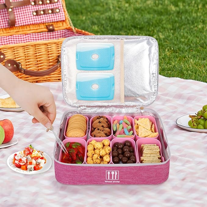 Snack Box Container with Insulated Cooler Bag, Divided Serving Tray with Lid and Handle Beach Essentials, Snackle Box Veggie Fruit Tray with 8 Compartments & 8 Forks & 2 Spoon Pink