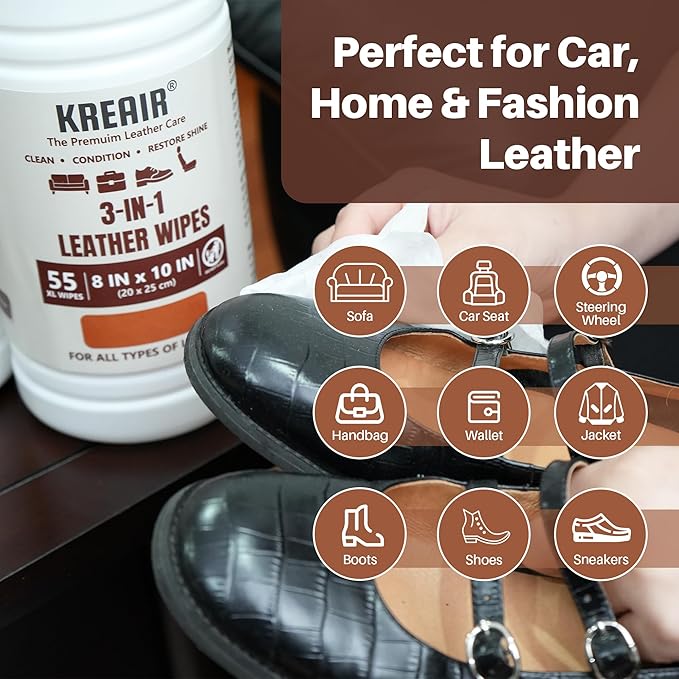 3in1 Leather Wipes 55 Count, Clean, Condition & Restore Shine, XL 8"x10" Extra-Large Wipes for Car Seats, Shoes, Furniture & Bags, For All Types of Leather, Non-Linting, Easy-Pull Lid