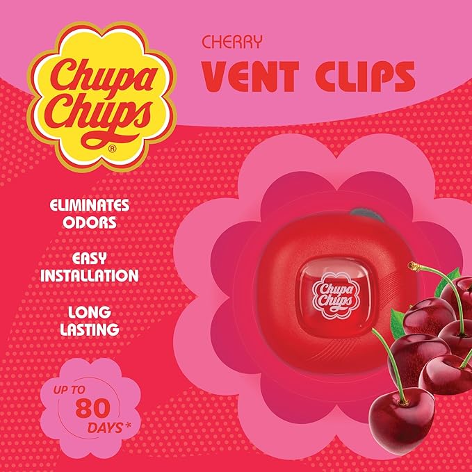 Chupa Chups Car Air Freshener, Candy Cherry - Long Lasting Car Fresheners with Fun Scents, Colorful and Vibrant Air Freshener for Car, Unique Car Freshner Perfume Deodorizer- 4Pack (8pcs Total)