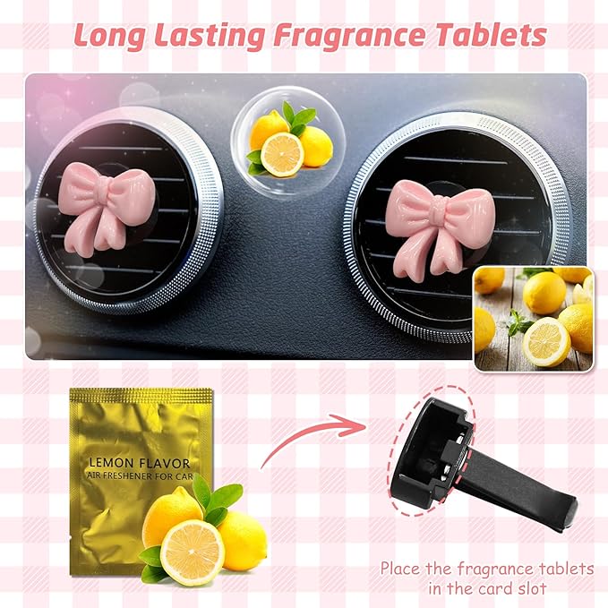 8 PCS Coquette Pink Bow Car Air Freshener Vent Clip, Cute Aesthetic Cars Scent Air Fresheners Vent Clips Decorations, Automotive Interior Accessories for Women Girl