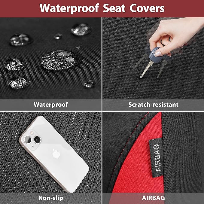 CAR PASS Neoprene Wetsuit Seat Covers, Waterproof Car Seat Covers Front with 5mm Composite EVA, Universal Fit for Car,Sedan, SUV TrucksAnti Slip, Airbag Compatible(Black and Red
