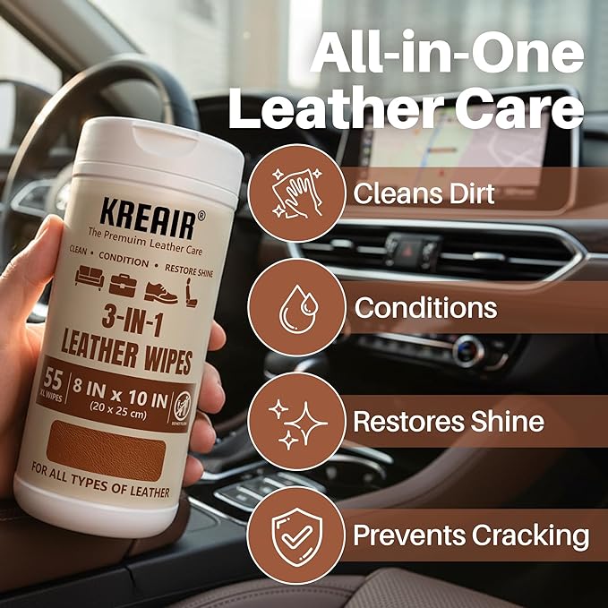 3in1 Leather Wipes 55 Count, Clean, Condition & Restore Shine, XL 8"x10" Extra-Large Wipes for Car Seats, Shoes, Furniture & Bags, For All Types of Leather, Non-Linting, Easy-Pull Lid