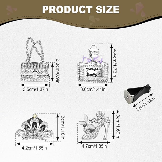 4PCS Bling Air Freshener Vent Clip, Crystal Rhinestone Heels Bag Crown Perfume Bottle Dashboard Air Vent Trim Clips, Cars Accessories Interior Decor (Sliver)