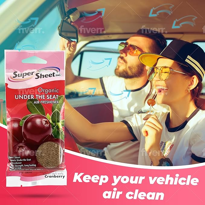 Super Sheet, Organic Under the Seat Car Air Freshener, Long Lasting Fragrance, Cranberry Scent, 6 Pack