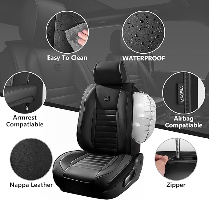 CAR PASS Nappa Leather Car Seat Covers Front Seats, Luxury Seat Protector for Cars, Waterproof Anti-Slip Seat Cushion Airbag Compatible Universal for Sedan SUV Pick-up Truck Automotive Vehicle, Black