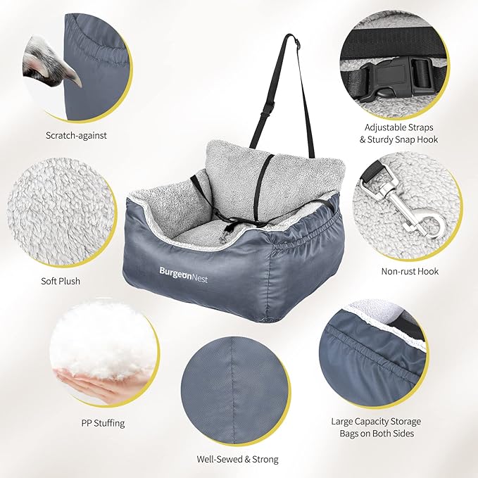 BurgeonNest Dog Car Seat for Small Dogs, Washable Soft Booster Seats for Small Pets Under 25 lbs, Portable Cat Carseat Travel Bed with Storage Pockets and Clip-On Leash, Grey