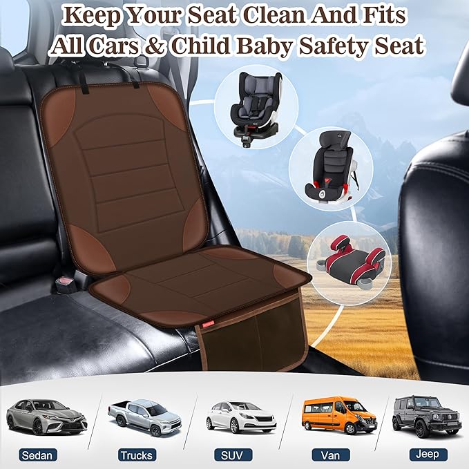 Sinvitron Car Seat Protector for Child Car Seat - Waterproof Non-Slip Leather Mat with 2 Mesh Pockets, Universal Seat Cover for Baby, Pets & Vehicles(2-Pack, Brown)