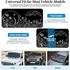 63"x28.5" Car Windshield Sun Shade with Storage Pouch, Stylish Printed Front Window Sunshade with Double Ring Frame, Universal Fit Foldable Heat Blocker & UV Protector for SUV, Sedan (Line Plants)