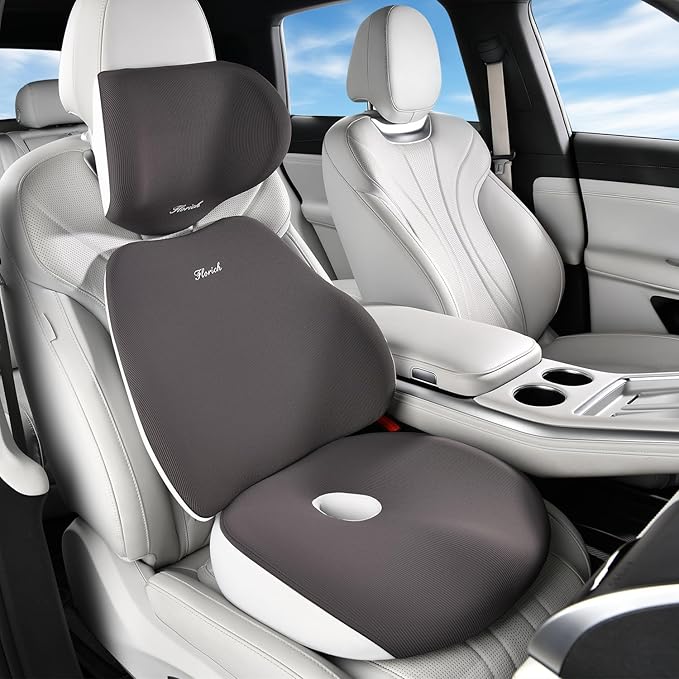 FLORICH Car Seat Cushion & Lumbar Support Pillow & Car Neck Pillow, Ergonomic Memory Foam Driving Seat Cushions for Back & Sciatica Pain Relief, Non-Slip Cushion for Car, Office Chair,Wheelchair-Gray