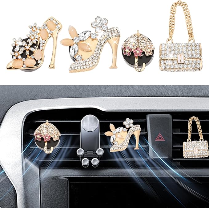 4Pcs Bling Air Vent Clips Crystal High Heel Shoe and Bag Bling Air Freshener for Car Vents Clips Gift Decorations Cars Accessories Interior Decor