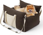 Lesure Small Dog Car Seat for Small Dogs - Soft Dog Booster Seat for Car with Storage Pocket and Clip-On Safety Leash and Thickened Memory Foam Filling, Pet Travel Carrier Bed Brown