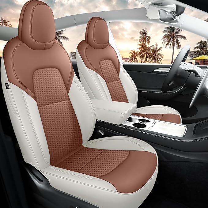 Leather Car Seat Cover for Tesla Model Y 2020 2021 2022 2023 2024 Customized Fit Front and Rear Seat Covers (Beige+Brown-Model Y)