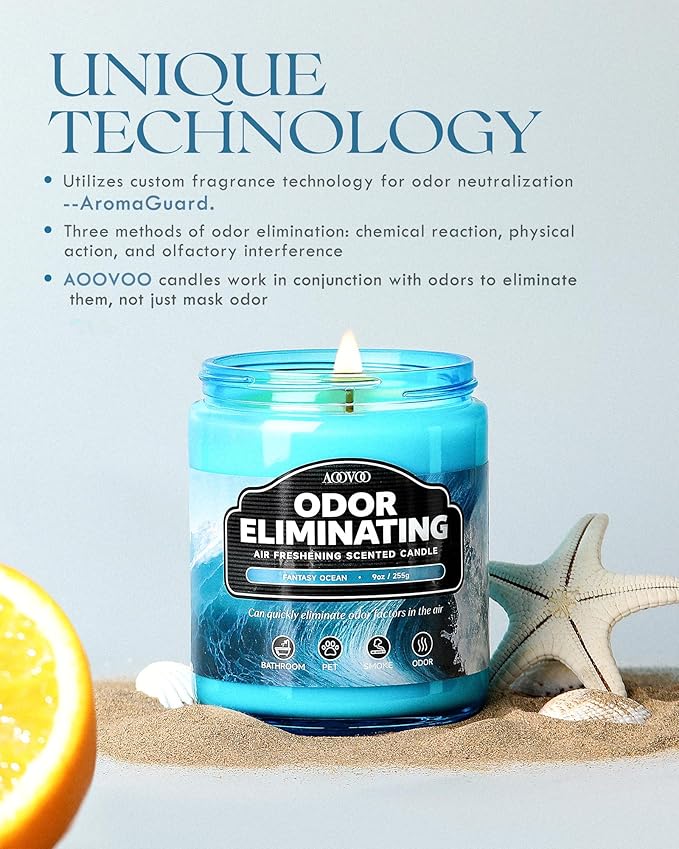 AOOVOO Ocean 2 Pack Odor Eliminating Highly Fragranced Candle - Eliminates 95% of Pet, Smoke, Food and Other Smells Quickly, Non Toxic Air Freshing Soy Candle, 18 oz Up to 100 Hours Burn time