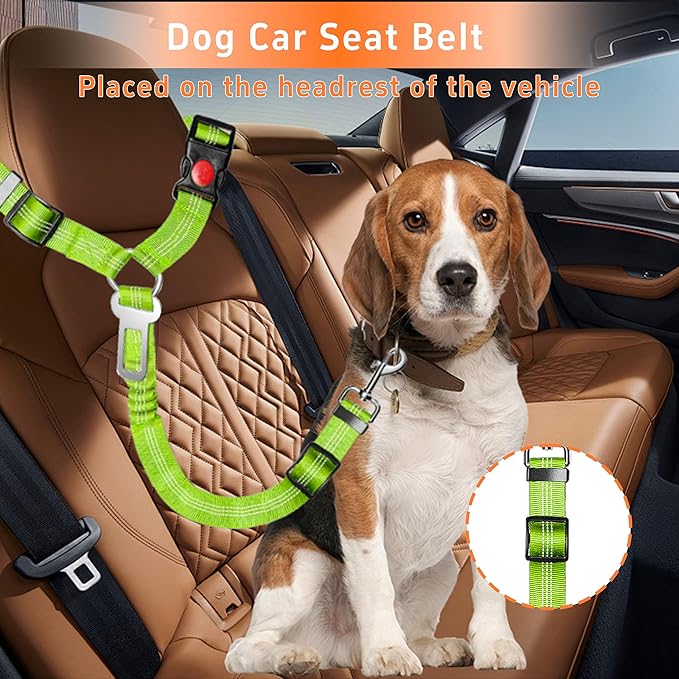Dog Car Seat Belt - 3 Piece Set Retractable Dog Harness with Adjustable Reflective Seatbelt for Vehicle Headrests - Heavy Duty & High Elastics - Green