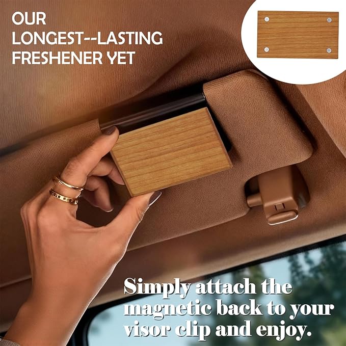 Wood Car Air Freshener - Long Lasting Teak Scent Starter Kit, Essential Oils, Metal Clip. Car Odor Eliminator with Clean Ingredients, Auto Accessories.