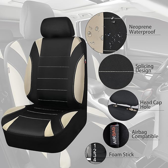 CAR PASS Neoprene EVA Waterproof car seat Covers Front Seats Only, Universal fit for SUV Vehicles Automotive with 5mm Composite EVA Inside,Airbag Compatible (Two Seats 6PCS, Black and Beige)
