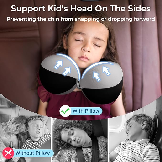 COOLBEBE Kids Travel Neck Pillow, Softly Double Support Travel Pillow for Car & Airplane, Traveling Gifts for Toddler & Children (Black)