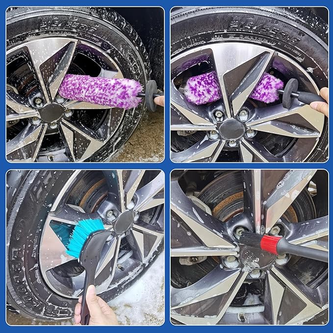 4 Pack Wheel Tire Cleaning Brush Kit Cars Motorcycles RVs Trucks Rim Hub Ultra Soft Microfiber No Spatter 360 Bendable Synthetic Woolies Wash Vehicles Bristle Set