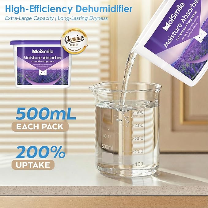 Moisture Absorbers, Efficient Lavender Vanilla Humidity Absorber ＆ Odor Eliminator Boxes, Refillable Car Dehumidifier for Closet, Bathroom, Basement＆ RV, 3 Pack
