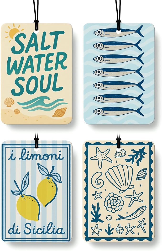 Blue Coastal Beach Car Air Freshener 4 Pcs, Retro Summer Beach Fish Seashell Lemon Hanging Air Freshener for Cars Closet Drawer Books, Beachy Car Accessories Mirror Decor for Women