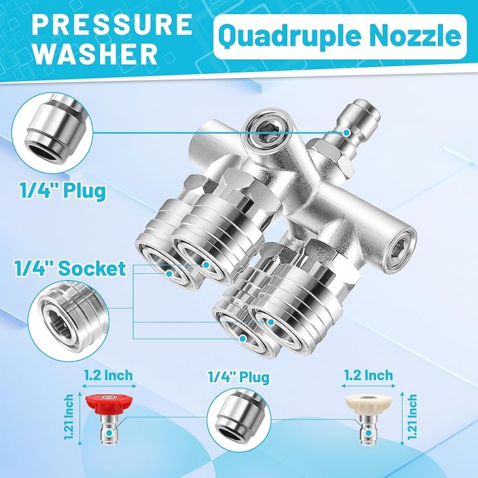 Quadruple Pressure Washer Tips, 4 in 1 Power Washer Nozzle, 4 Nozzle for Pressure Washing with 16PCS Power Washer Spray Nozzles (0, 15, 25, 40 Degree), 1/4 Inch Quick Connect, 5000 PSI