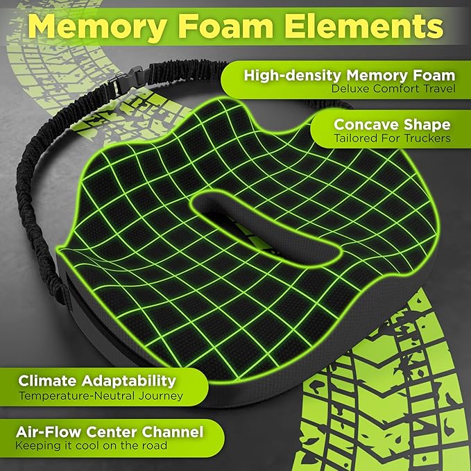 Medium Truck Seat Cushion for Truck Driver Seat Cushion - Upgraded Back Support, CertiPUR-US® Certified - Thick Memory Foam, Pain Relief for Hours of Driving, Trucker Approved Big Rig - Black