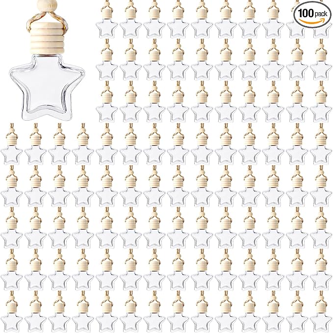 BBTO 100 Pcs Car Air Fresheners Diffuser with Wooden Cap Empty Aromatherapy Diffuser Clear Car Fragrance Holder Pendant Hanging Perfume Fresheners Bottles for Decor(Star,Clear)