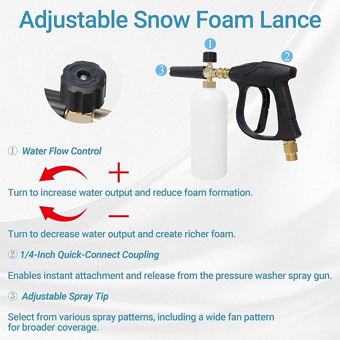 Short Pressure Washer Gun with Foam Cannon, Soap Gun for Pressure Washer, 1/4 Inch Quick Connector, with 7 Nozzle Tips, Container Capacity: 1 Liter