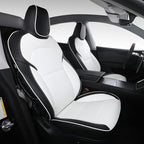 Custom Fit Seat Covers for 2025 2026 Tesla Model Y Juniper (5-Seater) - Ventilated Seats & Rear Screen Compatible - Nappa Leather Full Set Car Seat Protectors (Black+ White, Model Y 2025)