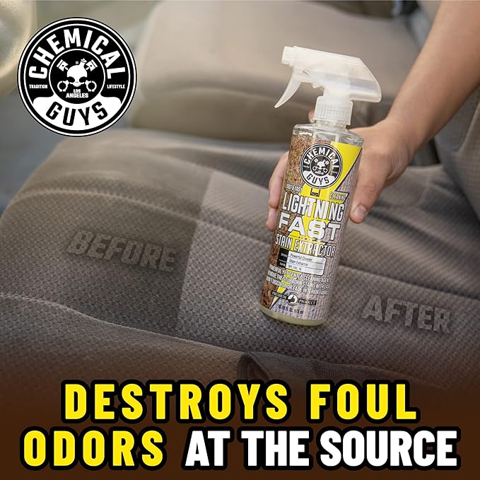 Chemical Guys SPI_191_16B Carpet & Upholstery Stain & Spot Remover Bundle - (1) 16 fl oz Lightning Fast Stain Extractor & (1) Nifty Detailing Brush, (Cars, Trucks, SUVs, RVs, Home, Interior, Pets)