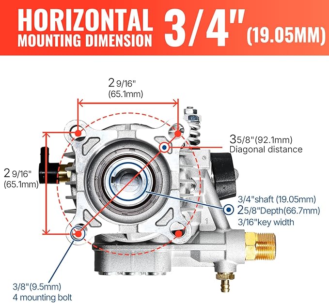 YAMATIC Pressure Washer Pump 3/4" Shaft Horizontal Power Washer Pump Max 3200 PSI 2.5 GPM Replacement Pump with 5 Nozzles Compatible with Simpson 90028, 90029, MSH3125, 520006, Honda GC190 GC160