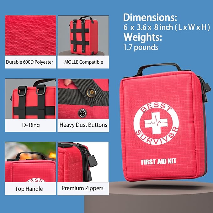 Premium First Aid Kit - Waterproof Molle Medical Bag with Color-Coded Compartments, with Israeli Bandage, Rescue Blanket & CPR Mask for Home, Car, Hiking, Camping & Outdoor Emergencies