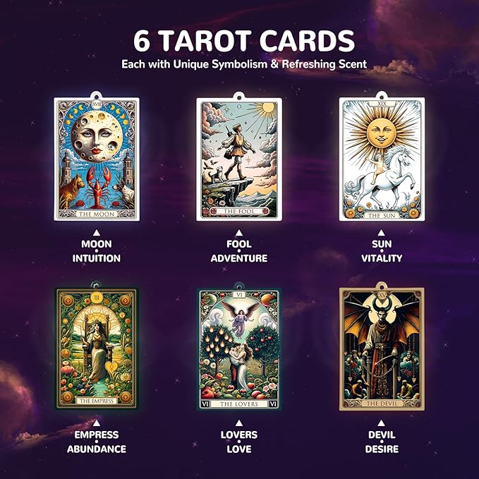 Tarot Card Car Air Freshener Rear View Mirror Accessories, 6 Pcs Boho Witchy Hanging Ornament with Charm Chain, The Sun Moon Aesthetic Car Decor, Scented Paper Diffuser Set for Women Men